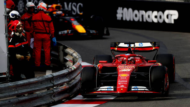 MONTE-CARLO, MONACO - MAY 24: Charles Leclerc of Monaco driving the (16) Ferrari SF-24 leads Max Verstappen of the Netherlands driving the (1) Oracle Red Bull Racing RB20 on track during practice ahead of the F1 Grand Prix of Monaco at Circuit de Monaco on May 24, 2024 in Monte-Carlo, Monaco.