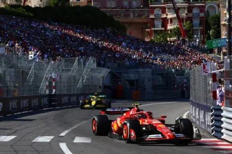 MONTE-CARLO, MONACO - MAY 26: Carlos Sainz of Spain driving the (55) Ferrari SF-24 leads Lando Norris of Great Britain driving the (4) McLaren MCL38 Mercedes during the F1 Grand Prix of Monaco at Circuit de Monaco on May 26, 2024 in Monte-Carlo, Monaco.