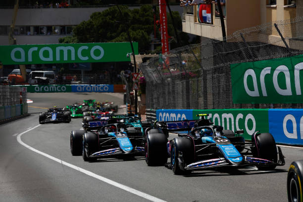 MONTE CARLO, MONACO - MAY 26: Pierre Gasly, Alpine A524, leads Esteban Ocon, Alpine A524, Lance Stroll, Aston Martin AMR24, and the remainder of the field at the start during the F1 Grand Prix of Monaco at Circuit de Monaco on May 26, 2024 in Monte Carlo, Monaco.