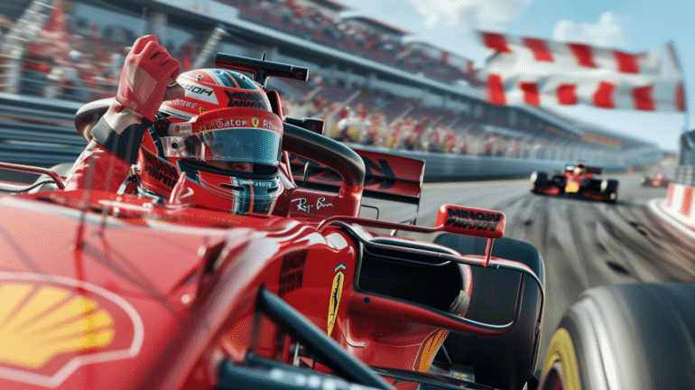 A Formula 1 driver in a red Ferrari single-seater, raising their fist in victory. In the background, another car is visible on the track, with grandstands full of spectators waving flags