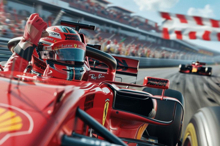 A Formula 1 driver in a red Ferrari single-seater, raising their fist in victory. In the background, another car is visible on the track, with grandstands full of spectators waving flags