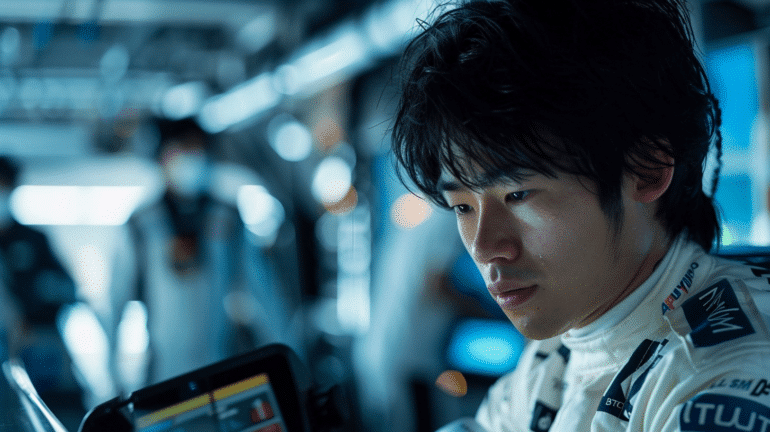 A close-up of a Formula 1 driver in a white racing suit, looking focused and deep in thought inside the team garage. The background is slightly blurred with other team members and technical equipment visible, creating a tense and concentrated atmosphere.