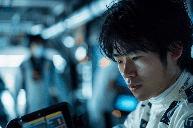 A close-up of a Formula 1 driver in a white racing suit, looking focused and deep in thought inside the team garage. The background is slightly blurred with other team members and technical equipment visible, creating a tense and concentrated atmosphere.