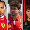 Side-by-side portraits of three Formula 1 drivers. On the left, a driver wearing a red Ferrari race suit with team and sponsor logos. In the center, a driver in a red Ferrari polo shirt featuring Shell and HP logos. On the right, a driver dressed in a black Alpine team shirt, set against a dark background with a vertical red light