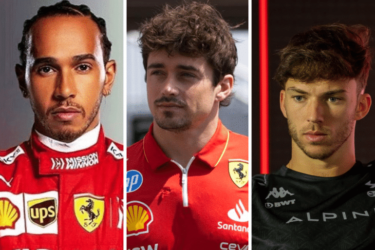 Side-by-side portraits of three Formula 1 drivers. On the left, a driver wearing a red Ferrari race suit with team and sponsor logos. In the center, a driver in a red Ferrari polo shirt featuring Shell and HP logos. On the right, a driver dressed in a black Alpine team shirt, set against a dark background with a vertical red light