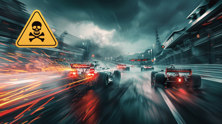 A dramatic racing scene with multiple Formula 1 cars speeding through a wet and stormy circuit. Sparks fly from the rear of a car on the left, adding intensity to the scene. A warning sign with a skull and crossbones is prominently displayed in the upper left, symbolizing danger or hazard.