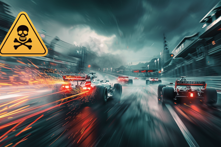 A dramatic racing scene with multiple Formula 1 cars speeding through a wet and stormy circuit. Sparks fly from the rear of a car on the left, adding intensity to the scene. A warning sign with a skull and crossbones is prominently displayed in the upper left, symbolizing danger or hazard.