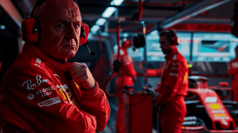 A close-up of a Ferrari Formula 1 engineer wearing a red headset and race suit, adjusting his collar with a serious expression. The background shows other Ferrari team members and a Formula 1 car inside the garage, with digital telemetry screens visible.