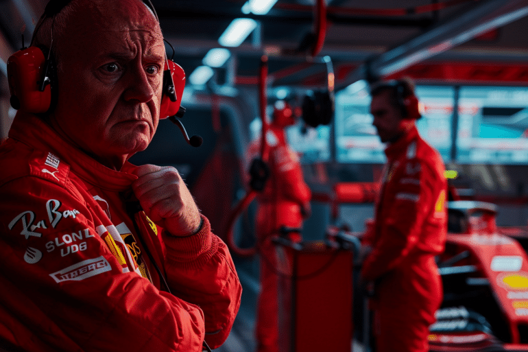 A close-up of a Ferrari Formula 1 engineer wearing a red headset and race suit, adjusting his collar with a serious expression. The background shows other Ferrari team members and a Formula 1 car inside the garage, with digital telemetry screens visible.