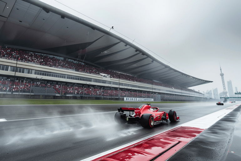 A red Ferrari Formula 1 car racing on a wet track under rainy conditions, leaving a trail of water spray behind. The race takes place at a large modern circuit with a grandstand full of spectators. In the background, the Shanghai skyline and the Oriental Pearl Tower are visible, indicating the race is held in China.