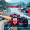 A front view of a red Ferrari Formula 1 car on a racetrack, with a shocked man holding his head in disbelief on the left and a hand holding a red card on the right. The image is a humorous and exaggerated collage conveying a dramatic or controversial racing moment.