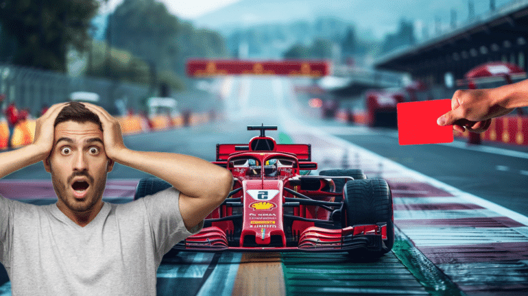 A front view of a red Ferrari Formula 1 car on a racetrack, with a shocked man holding his head in disbelief on the left and a hand holding a red card on the right. The image is a humorous and exaggerated collage conveying a dramatic or controversial racing moment.