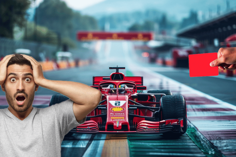 A front view of a red Ferrari Formula 1 car on a racetrack, with a shocked man holding his head in disbelief on the left and a hand holding a red card on the right. The image is a humorous and exaggerated collage conveying a dramatic or controversial racing moment.