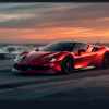 A sleek red Ferrari sports car parked on a beachside road at sunset. The sky is painted with warm tones of orange and pink, while waves crash against a concrete barrier in the background, creating a dramatic and luxurious atmosphere.