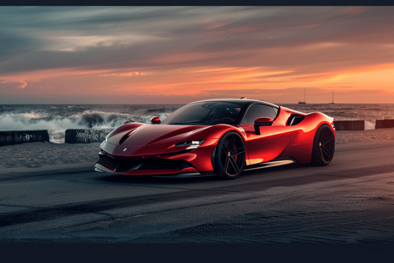 A sleek red Ferrari sports car parked on a beachside road at sunset. The sky is painted with warm tones of orange and pink, while waves crash against a concrete barrier in the background, creating a dramatic and luxurious atmosphere.