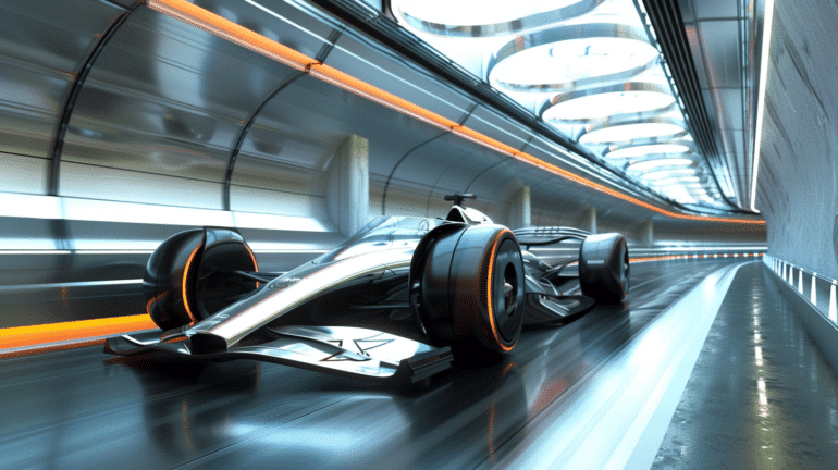 A sleek, futuristic Formula 1 car speeding through a high-tech tunnel with dynamic lighting. The design of the car and environment suggests a concept or digital rendering, with glowing orange accents and a sense of motion and innovation.