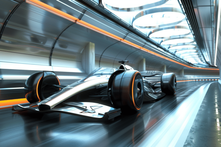 A sleek, futuristic Formula 1 car speeding through a high-tech tunnel with dynamic lighting. The design of the car and environment suggests a concept or digital rendering, with glowing orange accents and a sense of motion and innovation.