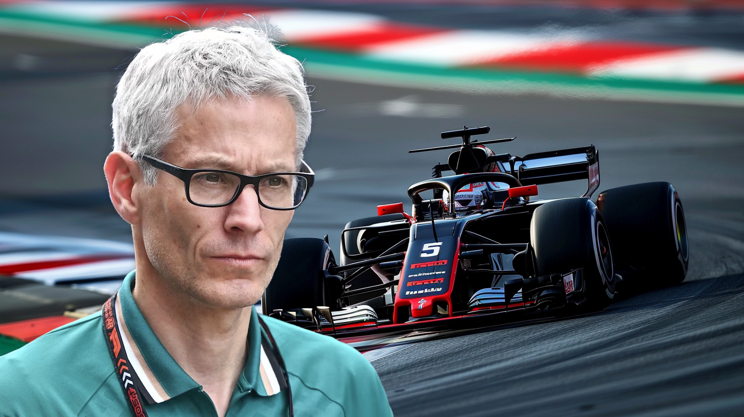A composite image showing a serious-looking man with gray hair and glasses, wearing an Aston Martin lanyard, in the foreground. In the background, a black and red Haas Formula 1 car is racing on a track, turning into a curve with visible motion blur.