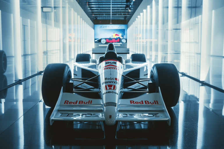 A classic Red Bull Formula 1 car with Honda branding displayed in a modern, well-lit museum or showroom. The car is positioned in a futuristic hallway with reflective flooring and illuminated walls, with a Red Bull poster in the background highlighting the brand's racing legacy.