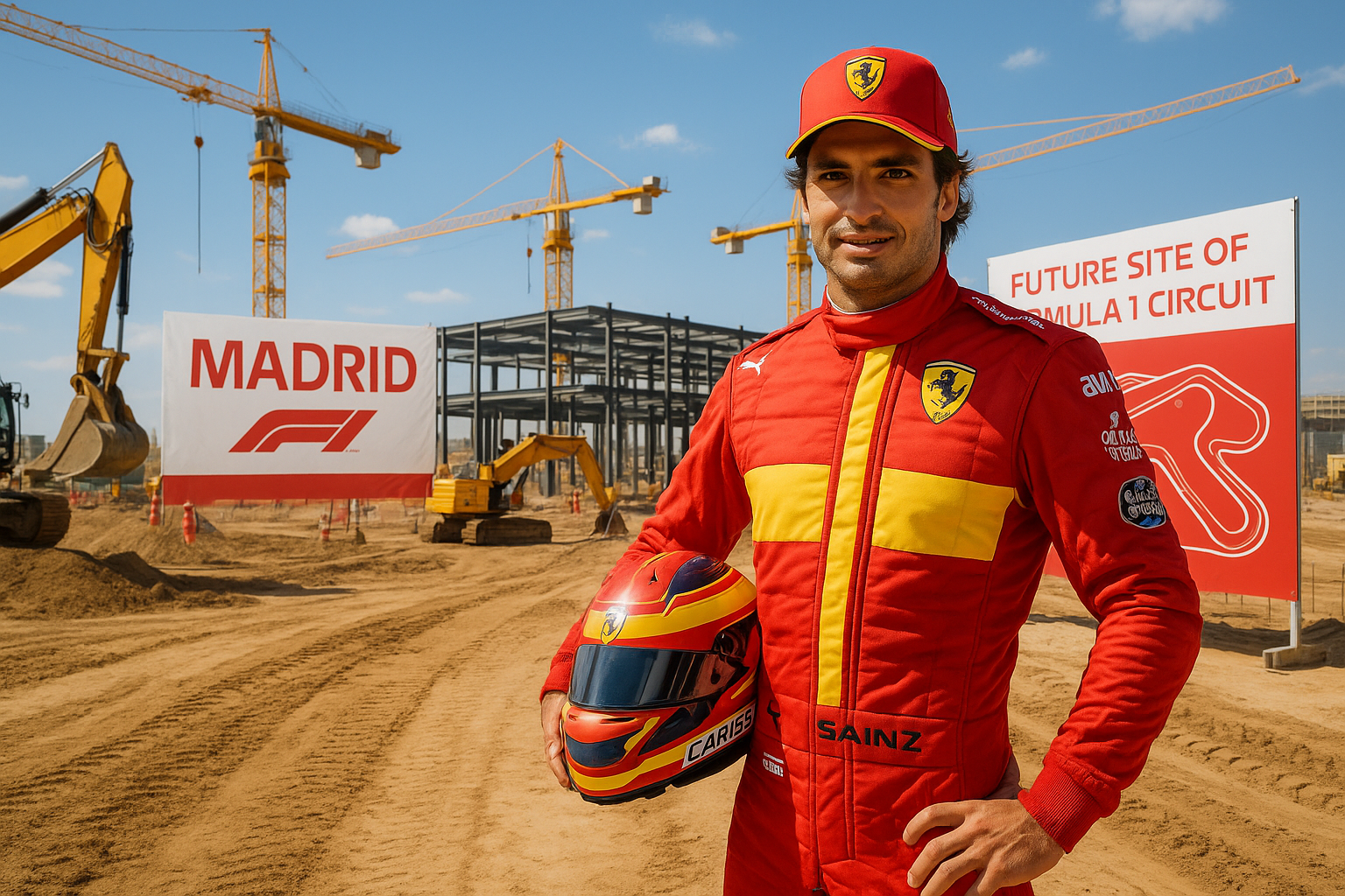 High-resolution image of Carlos Sainz in a red Ferrari race suit with Spanish colors, standing proudly at the construction site of the new Formula 1 circuit in Madrid, holding his helmet, with cranes, bulldozers, and steel structures visible in the background alongside banners displaying the Madrid F1 logo and future track layout