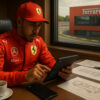 Lewis Hamilton in a red Ferrari race suit, seated in a modern office with design blueprints and a tablet, focused on a digital schedule. Outside the window, the Ferrari headquarters and test track in Maranello are visible, emphasizing the intensity of a professional work week. ​