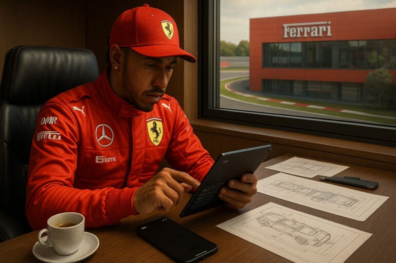 Lewis Hamilton in a red Ferrari race suit, seated in a modern office with design blueprints and a tablet, focused on a digital schedule. Outside the window, the Ferrari headquarters and test track in Maranello are visible, emphasizing the intensity of a professional work week. ​