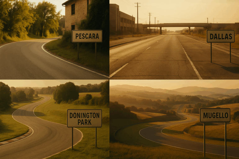 A four-part image featuring nostalgic views of historic Formula 1 circuits no longer on the calendar: Pescara's rural curves, Dallas’s urban straight, Donington Park's winding English layout, and Mugello’s scenic Tuscan hills. Each segment evokes heritage and past glory with warm, faded tones.