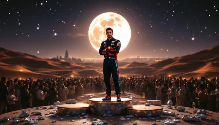 max verstappen faces scrutiny after displaying arrogant behavior during a lunar-themed podium ceremony in saudi arabia, sparking discussions among fans and commentators about sportsmanship and humility in formula 1.