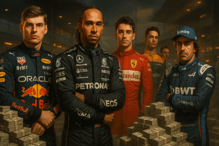 A hyper-realistic digital illustration features five famous Formula 1 drivers—Max Verstappen (Red Bull), Lewis Hamilton (Mercedes), Charles Leclerc (Ferrari), Lando Norris (McLaren), and Fernando Alonso (Alpine)—posed confidently in their official race suits. They are surrounded by stacks of dollar bills, with a warm, dramatic light and a blurred F1 paddock setting in the background. No salary figures are shown.