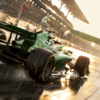 An Aston Martin Formula 1 car racing at full speed on a sunlit F1 circuit, its metallic British racing green livery gleaming under the light. The car hugs a tight corner, tires gripping the asphalt as sparks fly from the undercarriage. In the distance, blurred grandstands and waving fans create a sense of motion and excitement. Team banners line the barriers, and the clear sky adds brilliance to the scene.