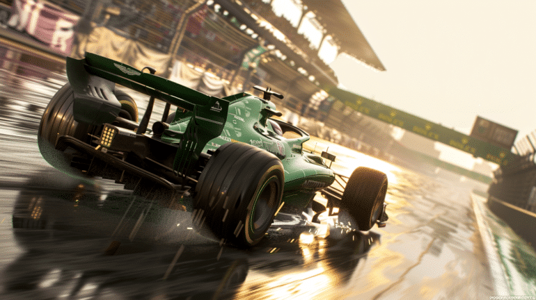 An Aston Martin Formula 1 car racing at full speed on a sunlit F1 circuit, its metallic British racing green livery gleaming under the light. The car hugs a tight corner, tires gripping the asphalt as sparks fly from the undercarriage. In the distance, blurred grandstands and waving fans create a sense of motion and excitement. Team banners line the barriers, and the clear sky adds brilliance to the scene.