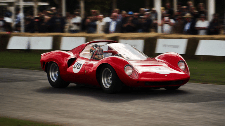 Vintage Ferrari Dino 206S racing at the 2025 Goodwood Members’ Meeting with a crowd in the background, driven by Frank Stippler during his legendary Gurney Cup victory.