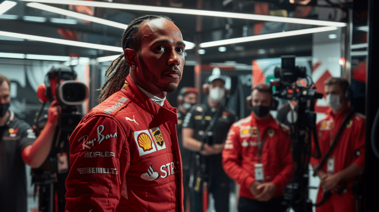 A Ferrari Formula 1 driver, illuminated under dramatic lighting, stands surrounded by media and team members. He is wearing a red racing suit with visible sponsor logos, while cameras and crew focus on capturing the moment during what appears to be a press or promotional event.