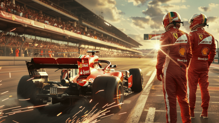 A Ferrari Formula 1 car exits the pit lane at high speed, sending sparks flying as two team members in red racing suits watch. The scene is bathed in warm sunset light, with the grandstands filled with spectators and a vibrant racing atmosphere all around.