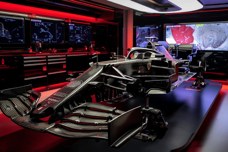 Ferrari Formula 1’s revolutionary new floor finally revealed, displayed on a technical stand inside the team’s garage. The matte black carbon fiber surface features intricate aerodynamic channels, sculpted fins, and hidden airflow innovations. Focused lighting highlights the engineering complexity, while digital screens in the background show schematics and airflow simulations. The scene feels secretive and cutting-edge, capturing the moment a closely guarded performance breakthrough is exposed.