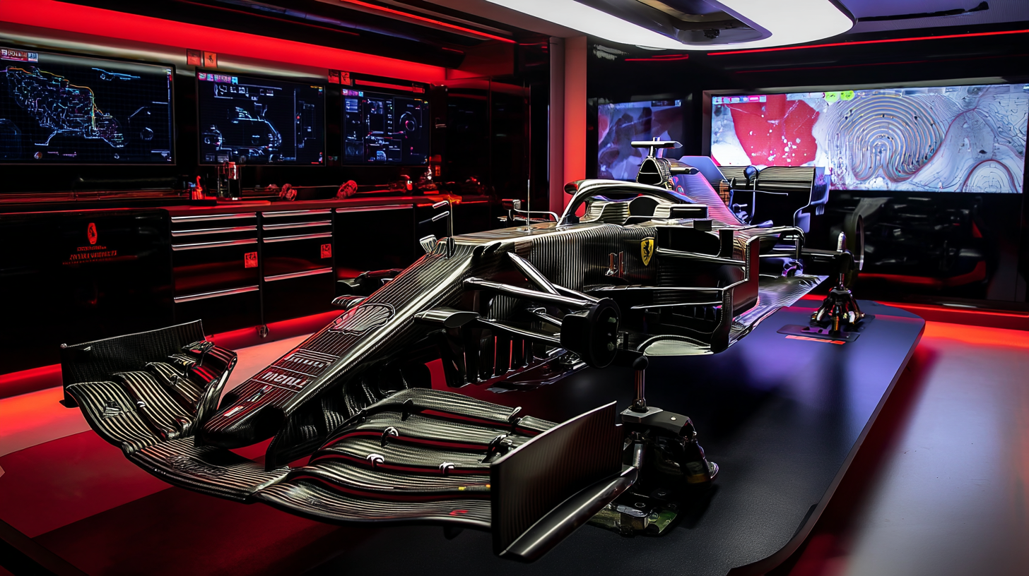Ferrari Formula 1’s revolutionary new floor finally revealed, displayed on a technical stand inside the team’s garage. The matte black carbon fiber surface features intricate aerodynamic channels, sculpted fins, and hidden airflow innovations. Focused lighting highlights the engineering complexity, while digital screens in the background show schematics and airflow simulations. The scene feels secretive and cutting-edge, capturing the moment a closely guarded performance breakthrough is exposed.