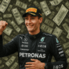 George Russell, dressed in his Mercedes-AMG Petronas F1 race suit and Pirelli cap, smiles and gestures in celebration against a dramatic background of flying dollar bills. The image symbolizes contract negotiations or a potential pay raise, as speculation builds around his new deal with Mercedes.