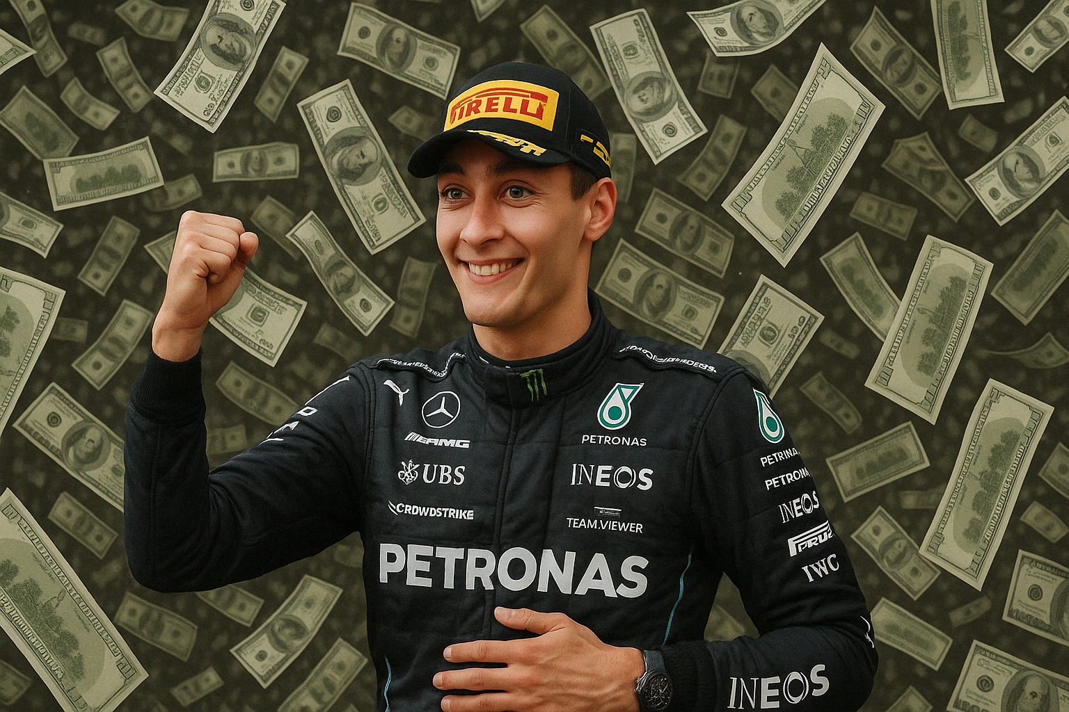 George Russell, dressed in his Mercedes-AMG Petronas F1 race suit and Pirelli cap, smiles and gestures in celebration against a dramatic background of flying dollar bills. The image symbolizes contract negotiations or a potential pay raise, as speculation builds around his new deal with Mercedes.