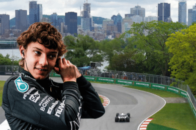 A composite image showing young racing driver Kimi Antonelli wearing a Mercedes team suit and adjusting his earpiece, overlaid on a background of Grand Prix circuit. A Formula 1 car is seen on track in the background, with the Montreal skyline and trees framing the scene.
