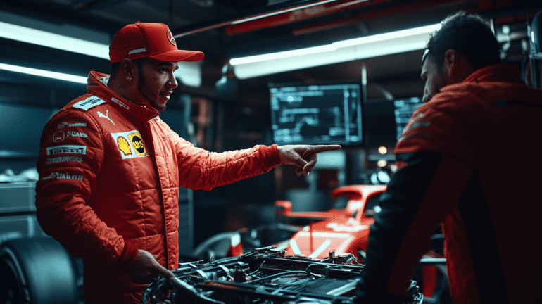 Lewis Hamilton, wearing a red Ferrari race suit and matching cap, stands inside the Ferrari garage with a focused expression. He is pointing at a technical component on Charles Leclerc’s Formula 1 car. The scene is quiet and analytical, with digital telemetry screens and equipment in the background, conveying detailed inspection and engineering discussion.