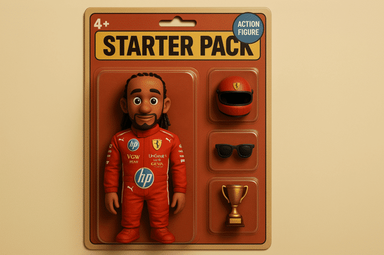 A playful action figure toy pack labeled "Starter Pack" for ages 4 and up, featuring a cartoon-style figure resembling a Ferrari Formula 1 driver with braided hair and a beard. The set includes a red Ferrari race suit, matching helmet, sunglasses, and a gold trophy. The packaging mimics classic collectible toys and humorously represents the essentials of a modern F1 superstar.