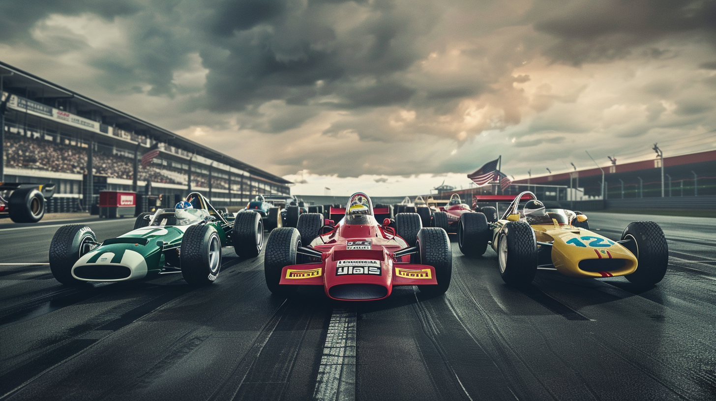 A lineup of vintage Formula 1 cars on the starting grid of a racetrack, ready for a race. The scene is dramatic with dark clouds in the sky, grandstands full of spectators, and an American flag waving in the background. The image highlights the classic design and color schemes of historic racing cars.