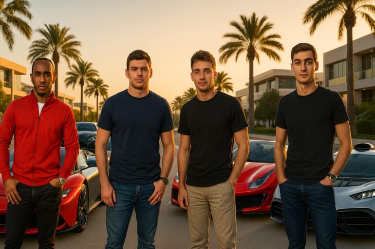 Stylish composite image showing four Formula 1 drivers standing beside their favorite road cars at sunset. Lewis Hamilton poses with a red LaFerrari Aperta, Max Verstappen stands next to a dark green Aston Martin DB11, Charles Leclerc is in front of a red-and-white Ferrari 488 Pista Spider, and George Russell leans near a silver Mercedes-AMG One. Palm trees and modern buildings complete the luxury setting.