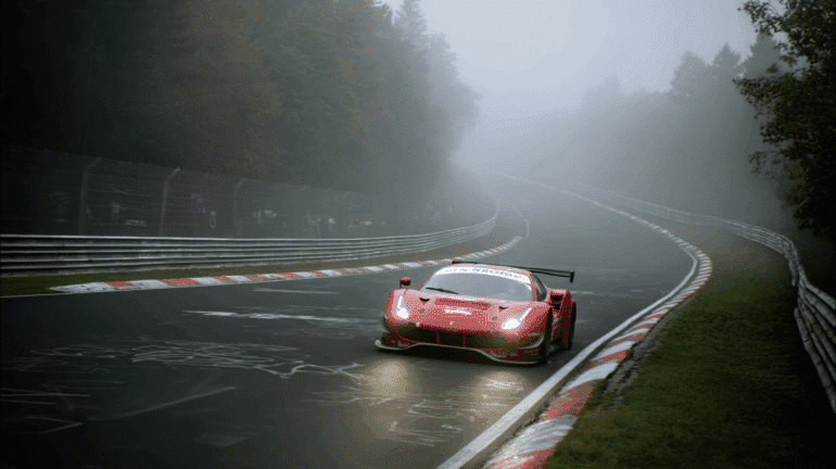 A Ferrari GT3 race car powers through a tight corner on a foggy, damp Nürburgring Nordschleife during a secret test session. The red car’s headlights pierce the mist, with no crowd present — only wet track, graffiti-covered tarmac, and quiet forest surroundings creating a focused and stealthy testing atmosphere.