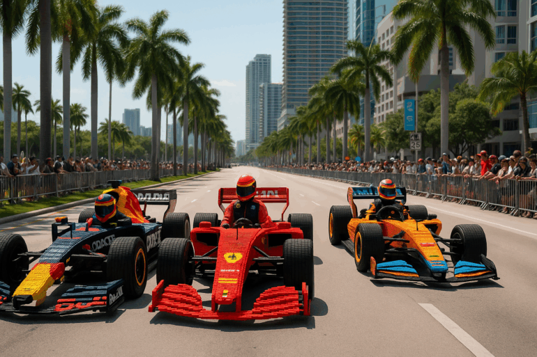 A wide-angle photo of a LEGO Formula 1 parade in sunny Miami, featuring three vibrant LEGO F1 cars modeled after Red Bull, Ferrari, and McLaren liveries. Each car is driven by a race-suited person with a brightly colored helmet. The vehicles cruise down palm-lined streets flanked by cheering fans and high-rise buildings, with vivid colors enhancing the festive and playful energy of the scene