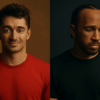 Split-portrait of two hyper-realistic Formula 1 drivers from Ferrari. On the left, Charles Leclerc appears confident and relaxed in warm lighting, wearing a red shirt. On the right, Lewis Hamilton stands under cooler, dimmer tones, looking introspective and serious in a black shirt. The image conveys a strong emotional contrast between optimism and uncertainty.