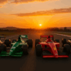 Four iconic Formula 1 cars — Lotus 79 (1978), Jordan 191 (1991), Ferrari 641 (1990), and Eagle T1G (1966–1967) — lined up side by side on a racetrack during a golden sunset. The cars are beautifully backlit, showcasing their legendary shapes and liveries against a serene sky and rolling hills. A nostalgic tribute to classic F1 design