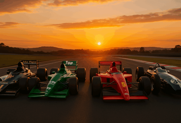 Four iconic Formula 1 cars — Lotus 79 (1978), Jordan 191 (1991), Ferrari 641 (1990), and Eagle T1G (1966–1967) — lined up side by side on a racetrack during a golden sunset. The cars are beautifully backlit, showcasing their legendary shapes and liveries against a serene sky and rolling hills. A nostalgic tribute to classic F1 design