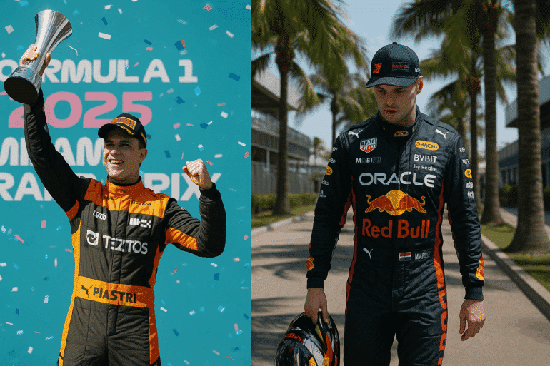 Split-screen image from the 2025 Miami Grand Prix. On the left, Oscar Piastri celebrates on the podium in his McLaren suit, raising a trophy amid blue confetti. On the right, Max Verstappen walks alone in the paddock in his Red Bull gear, head down with a frustrated expression, palm trees lining the path.