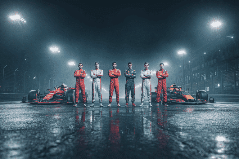 Six young male Formula 1 drivers standing confidently on a racetrack at night